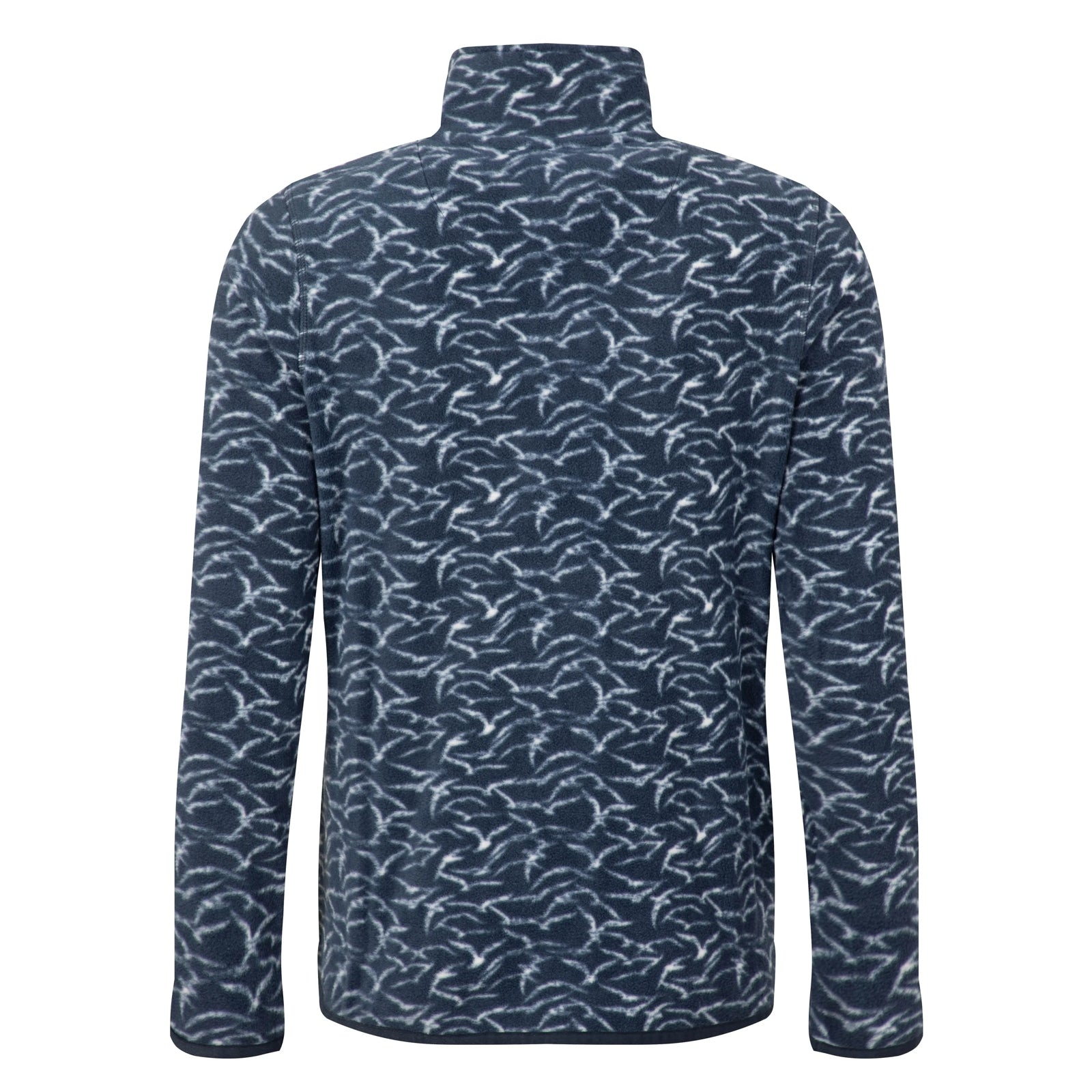 Back view of a Weird Fish womens full zip Rochelle microfleece in Night Blue with a gull bird print.