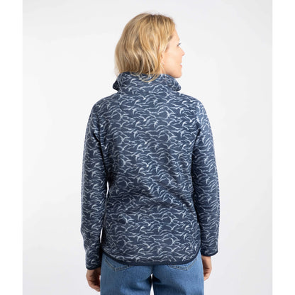 Back view of a woman wearing a Weird Fish full zip Rochelle microfleece in Night Blue with a gull bird print.