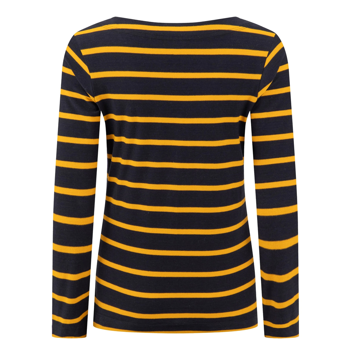 Back view of a womens Weird Fish Saffira 3/4 length sleeve top in Midnight Navy with Gold Yellow stripes.