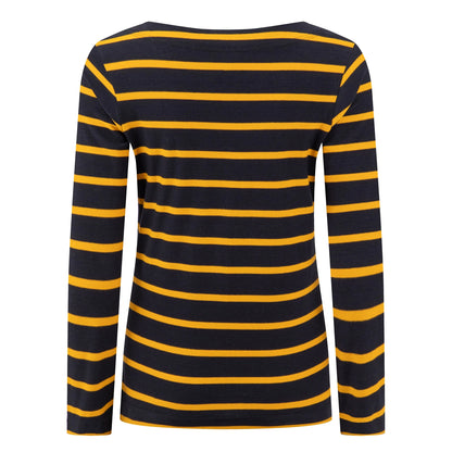 Back view of a womens Weird Fish Saffira 3/4 length sleeve top in Midnight Navy with Gold Yellow stripes.