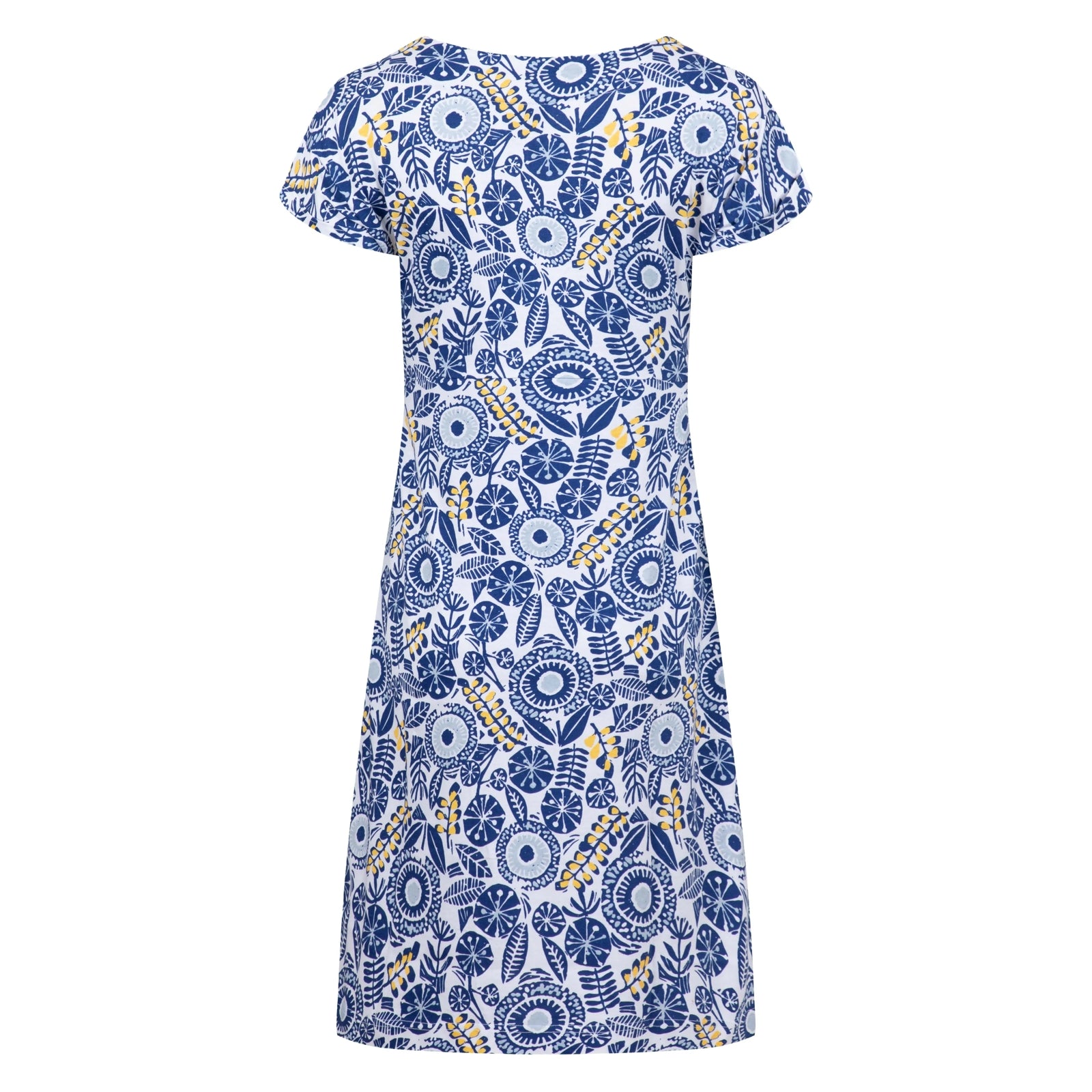 Back view of a womens Weird Fish short sleeve Tallahassee dress in Sapphire Blue featuring an abstract floral print with front pockets.