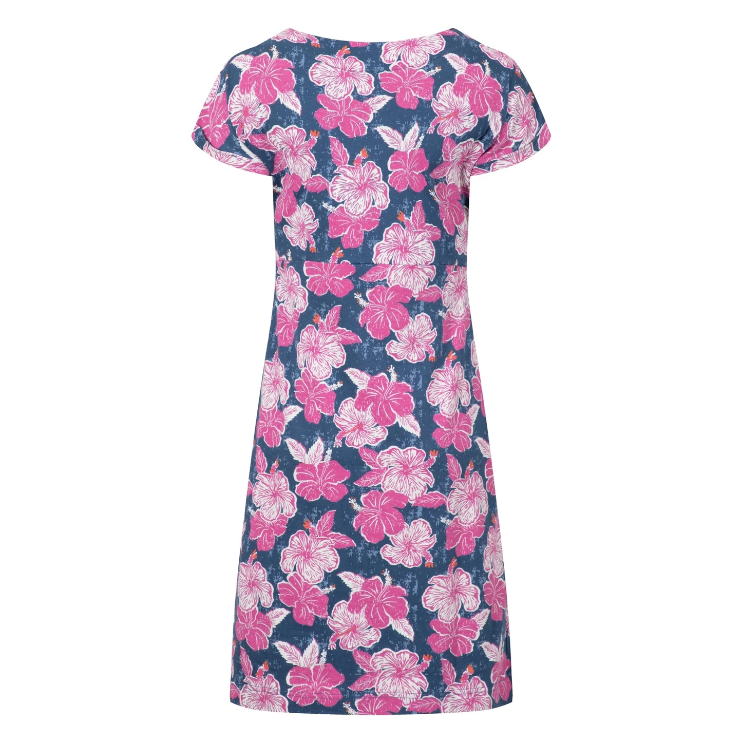 Back view of a womens Weird Fish short sleeve Tallahassee dress in Fuchsia Punch Pink featuring a bold floral print.