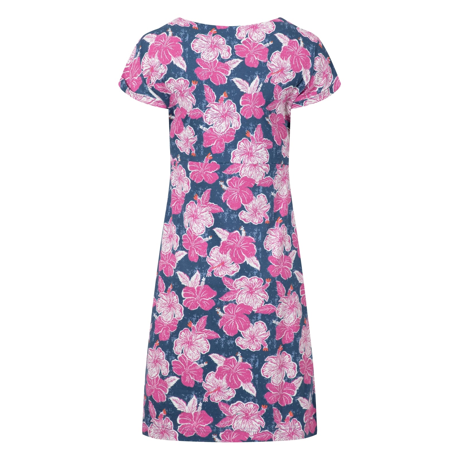 Back view of a womens Weird Fish short sleeve Tallahassee dress in Fuchsia Punch Pink featuring a bold floral print.
