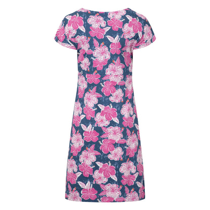 Back view of a womens Weird Fish short sleeve Tallahassee dress in Fuchsia Punch Pink featuring a bold floral print.