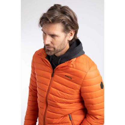 Close-up view of a man wearing a Weird Fish Crantock padded lightweight showerproof jacket in bright Koi Orange.