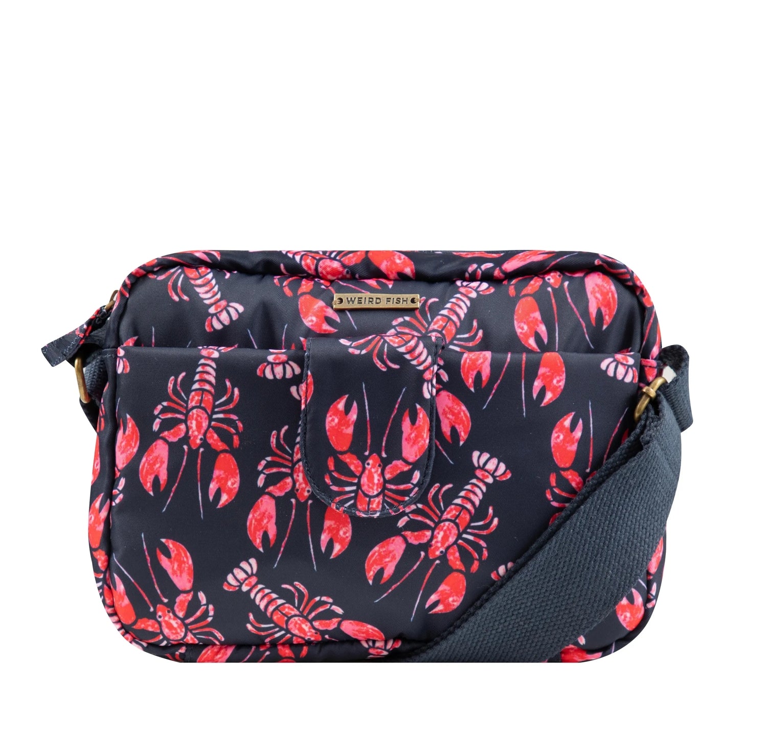 Front view of a Weird Fish Corrie small cross body bag, in Mid Navy with a red lobster pattern and adjustable shoulder strap.