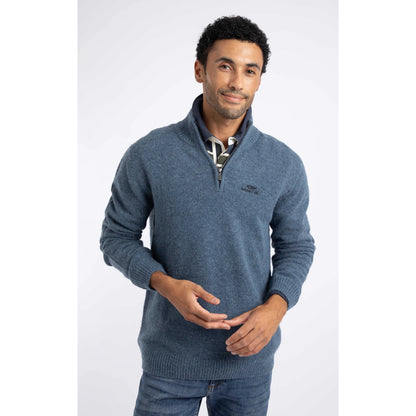 Front view of a man wearing a Weird Fish 1/4 zip Altwood knitted jumper in Ash Blue.