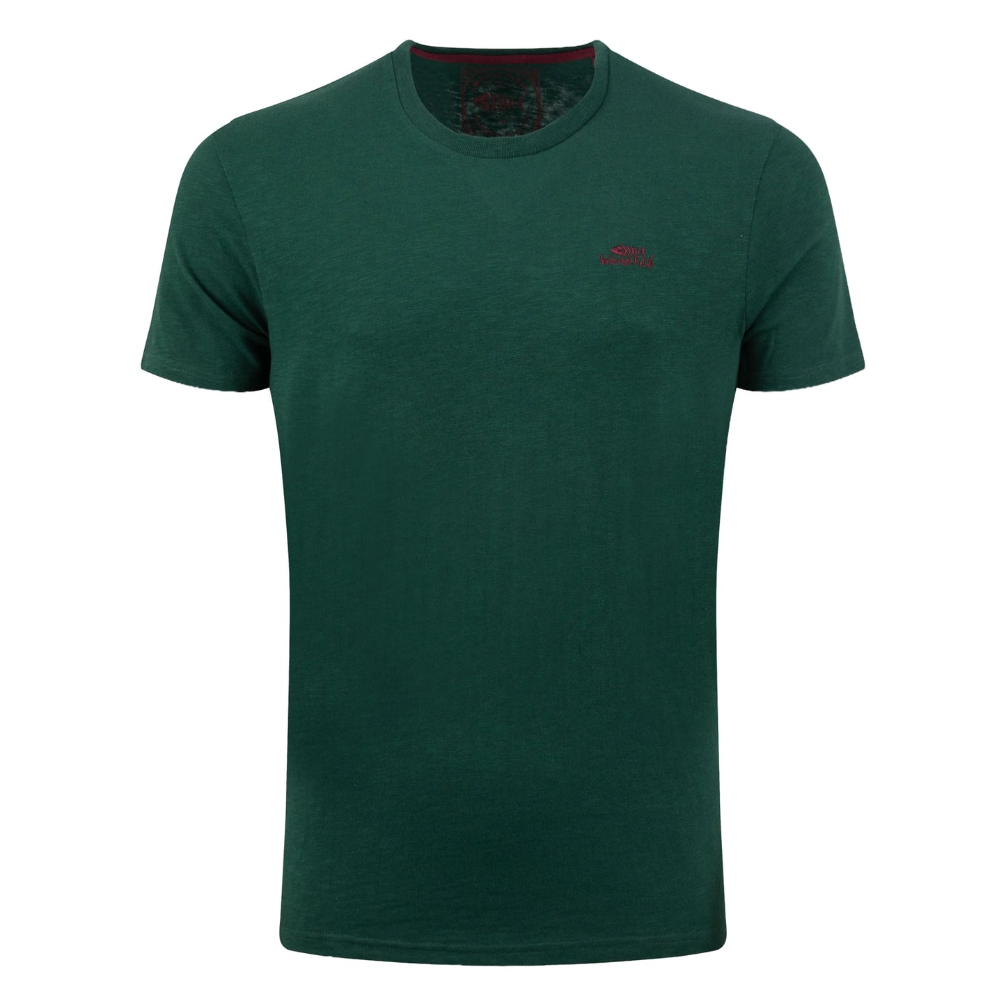 Main front view of a men's Weird Fish short sleeve plain t-shirt in Pine Green with small red emblem on the chest