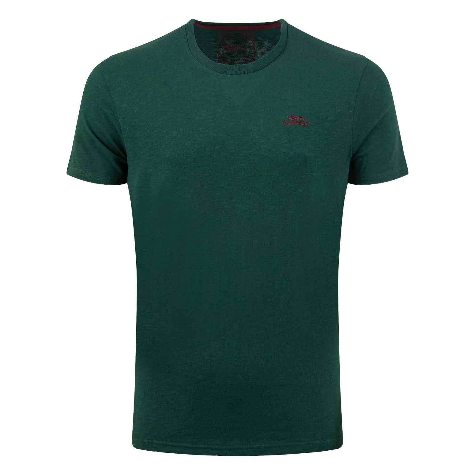 Main front view of a men's Weird Fish short sleeve plain t-shirt in Pine Green with small red emblem on the chest