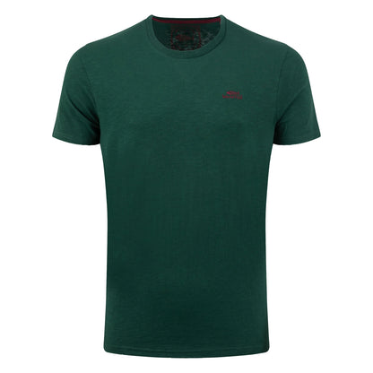 Main front view of a men's Weird Fish short sleeve plain t-shirt in Pine Green with small red emblem on the chest