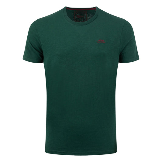 Main front view of a men's Weird Fish short sleeve plain t-shirt in Pine Green with small red emblem on the chest