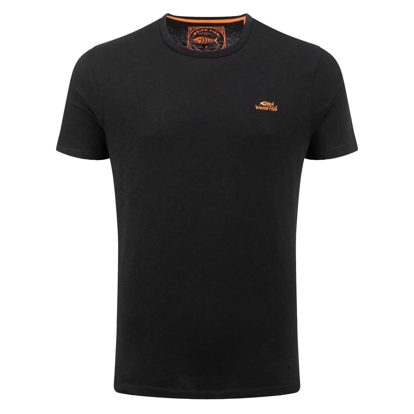 Main front view of a men's Weird Fish short sleeve Fished t-shirt in black with a small orange logo on the chest.