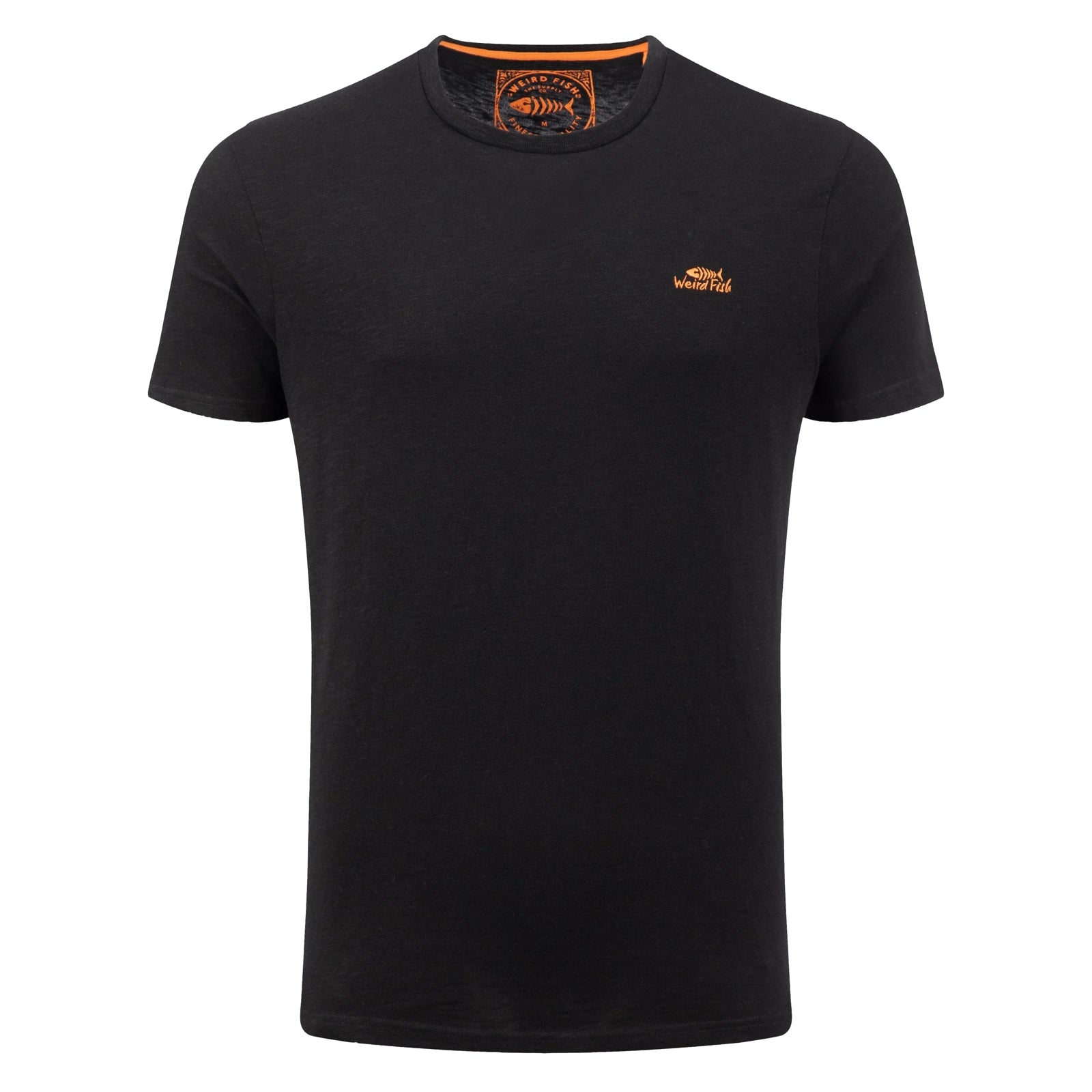 Main front view of a men's Weird Fish short sleeve Fished t-shirt in black with a small orange logo on the chest.