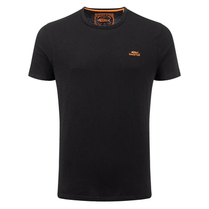 Main front view of a men's Weird Fish short sleeve Fished t-shirt in black with a small orange logo on the chest.