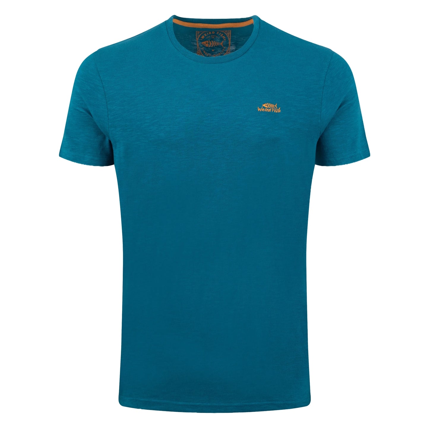 Main front view of a mens Weird Fish crew neck short sleeve Fished t-shirt in Blue Teal with small logo on one side of the chest.
