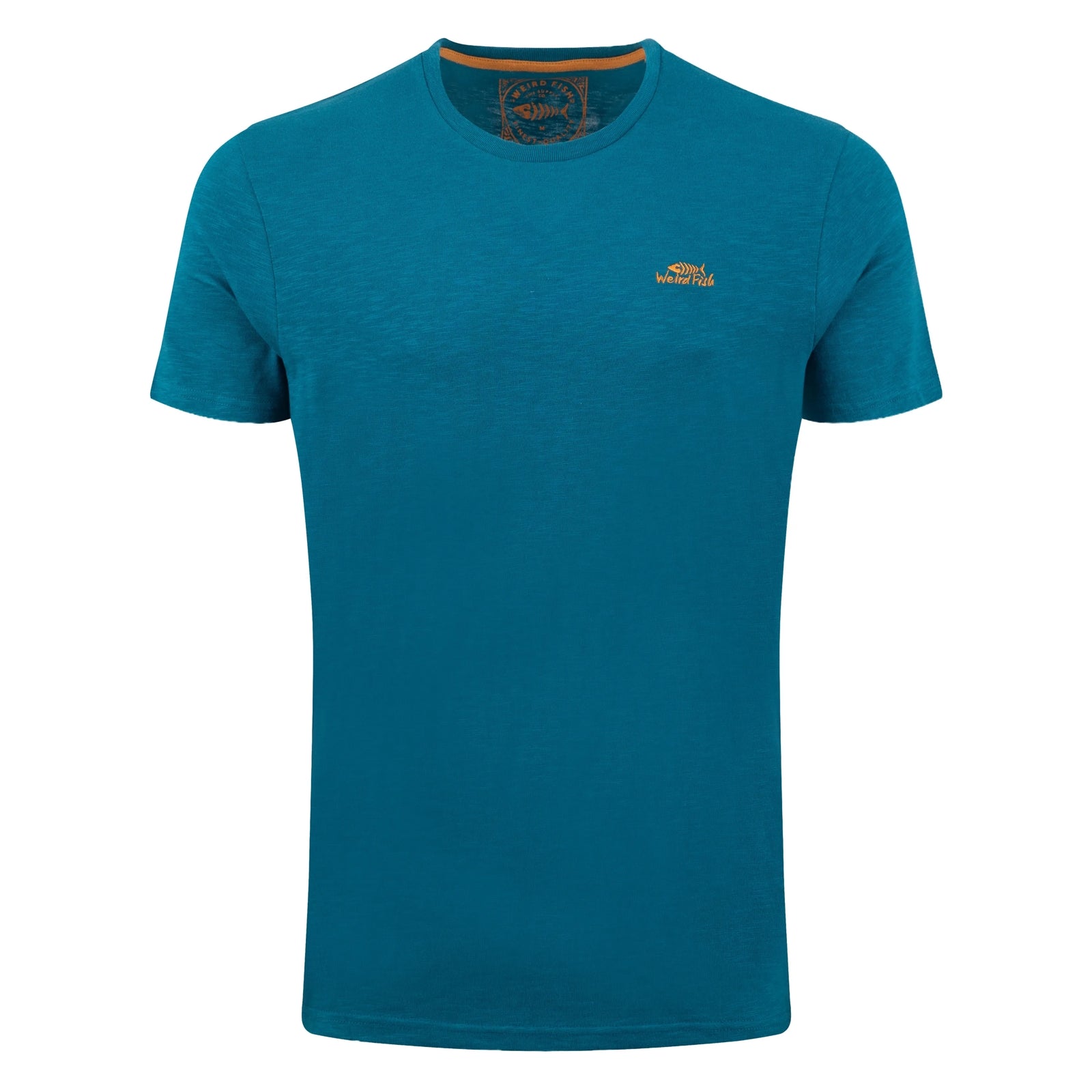 Main front view of a mens Weird Fish crew neck short sleeve Fished t-shirt in Blue Teal with small logo on one side of the chest.
