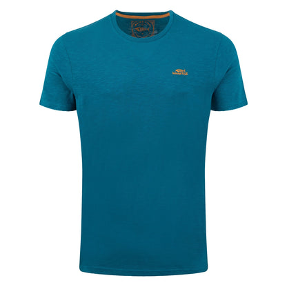 Main front view of a mens Weird Fish crew neck short sleeve Fished t-shirt in Blue Teal with small logo on one side of the chest.