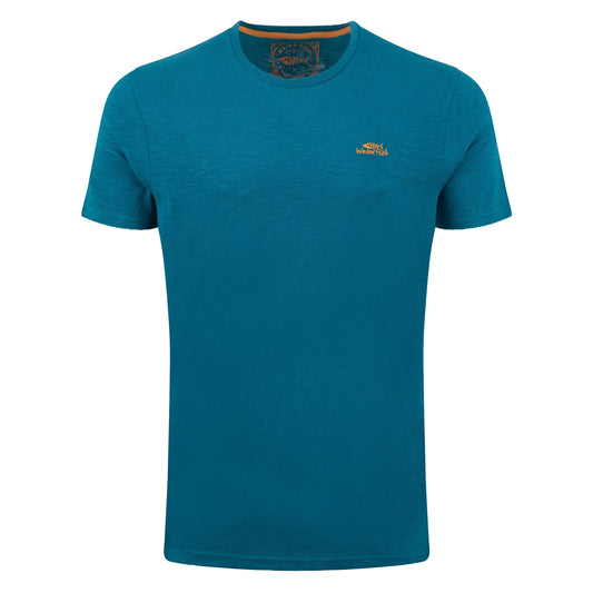 Main front view of a mens Weird Fish crew neck short sleeve Fished t-shirt in Blue Teal with small logo on one side of the chest.
