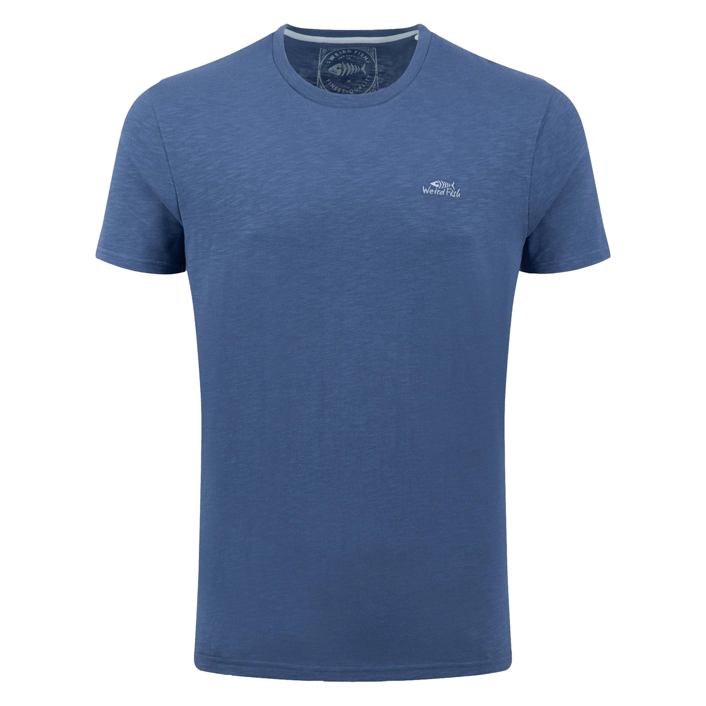 Main front view of a men's Weird Fish short sleeve Fished t-shirt in Faded Blue with a small logo on the chest.