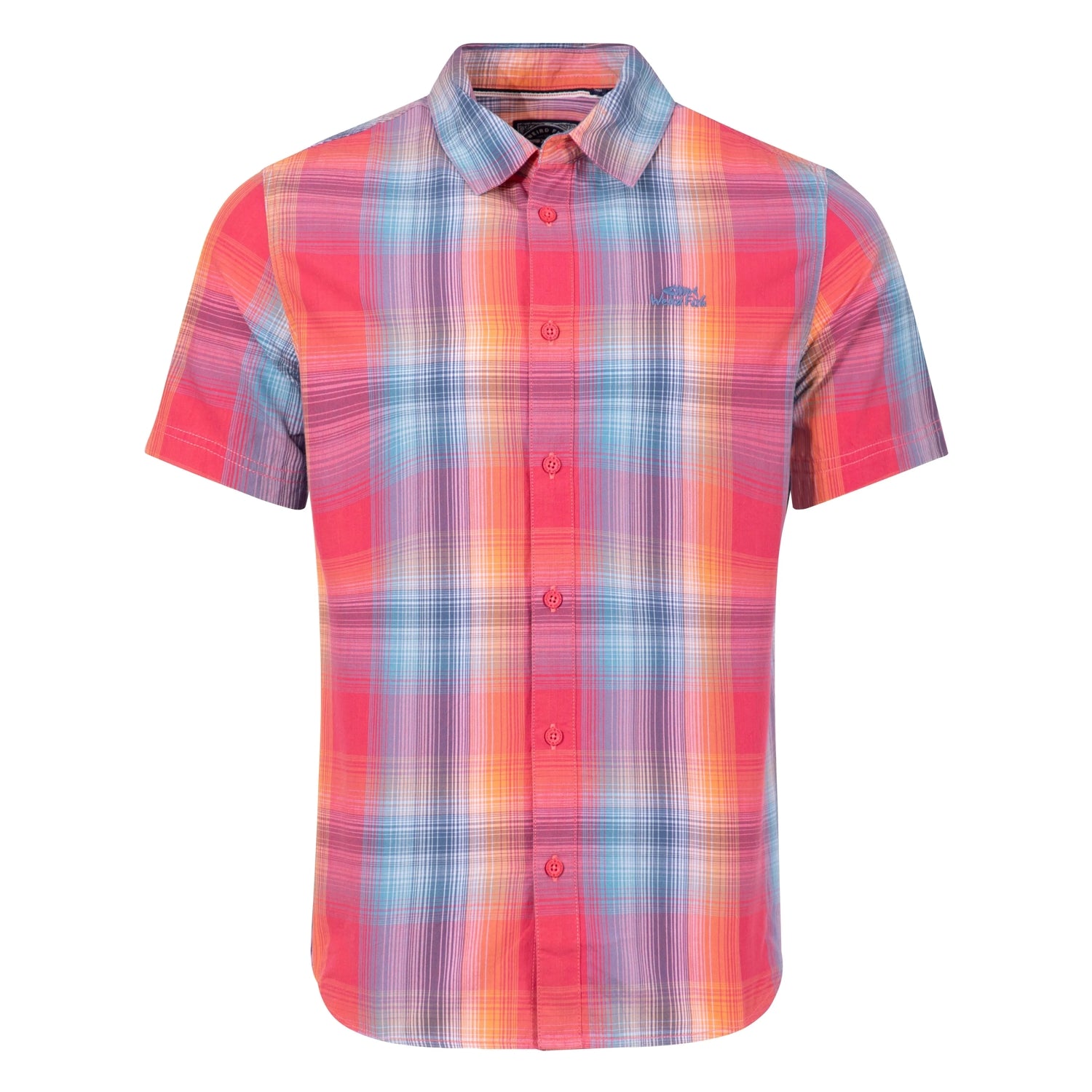 Front view of a mens Weird Fish short sleeve Judd shirt in a bright Flamingo Pink, blue and orange check pattern.