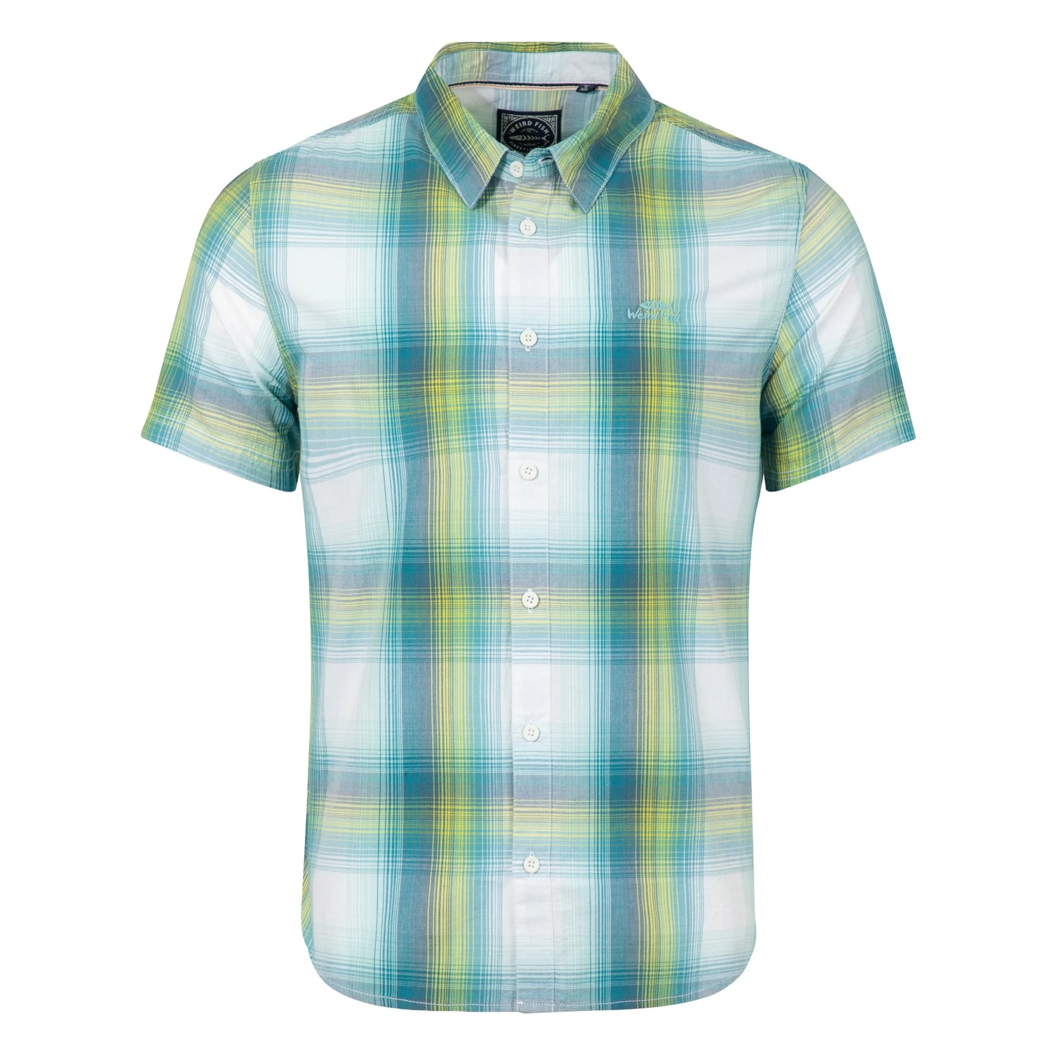 Front view of a mens Weird Fish short sleeve Judd shirt in an off white, blue and lime green check pattern.