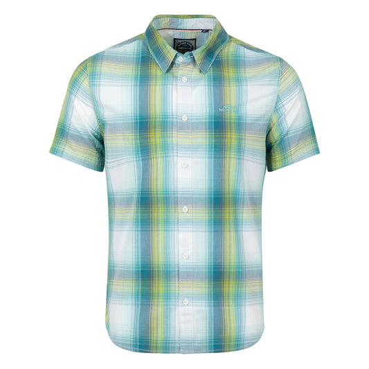 Front view of a mens Weird Fish short sleeve Judd shirt in an off white, blue and lime green check pattern.