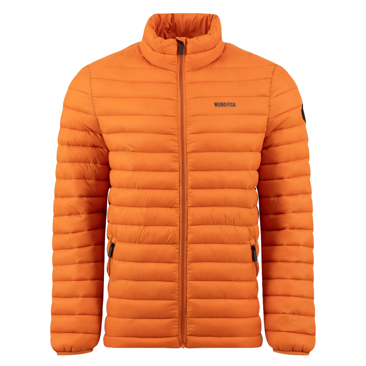 Front view of a Weird Fish Crantock padded lightweight showerproof jacket in bright Koi Orange.