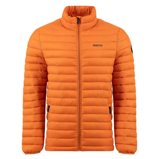 Front view of a Weird Fish Crantock padded lightweight showerproof jacket in bright Koi Orange.
