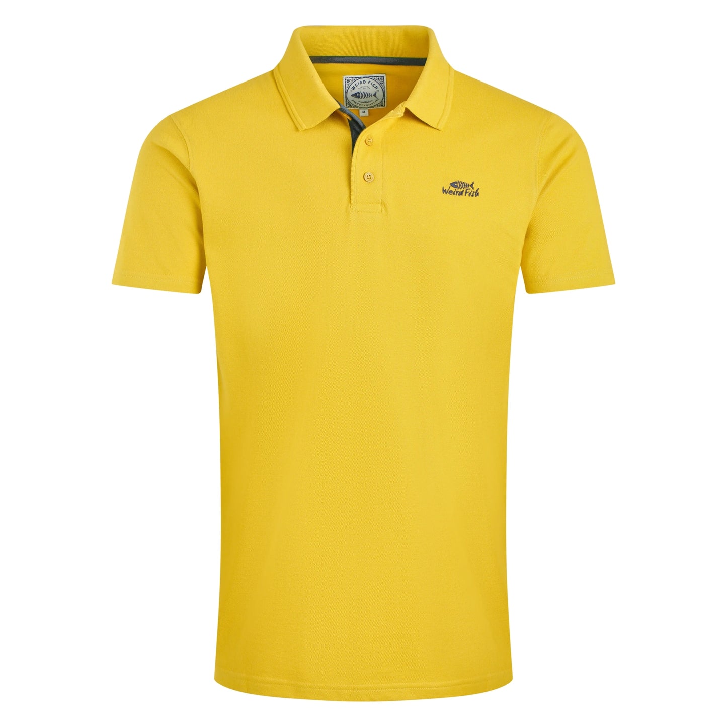 Front view of a mens Weird Fish Miles short sleeve polos shirt in Antique Moss Yellow on a white background