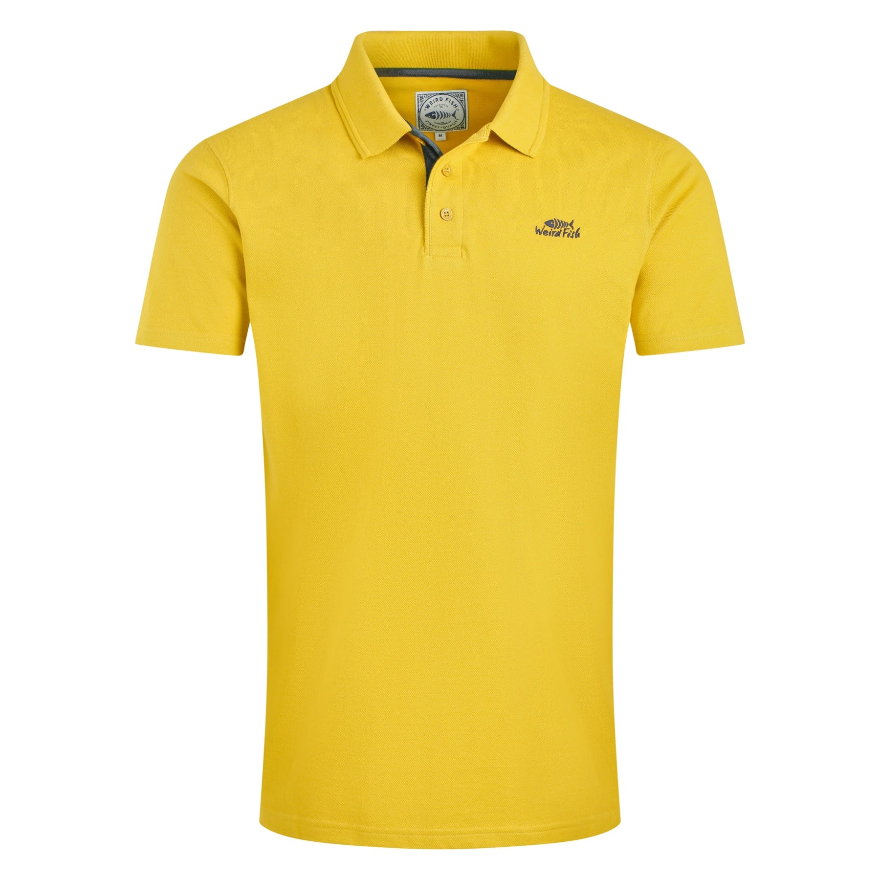 Front view of a mens Weird Fish Miles short sleeve polos shirt in Antique Moss Yellow on a white background