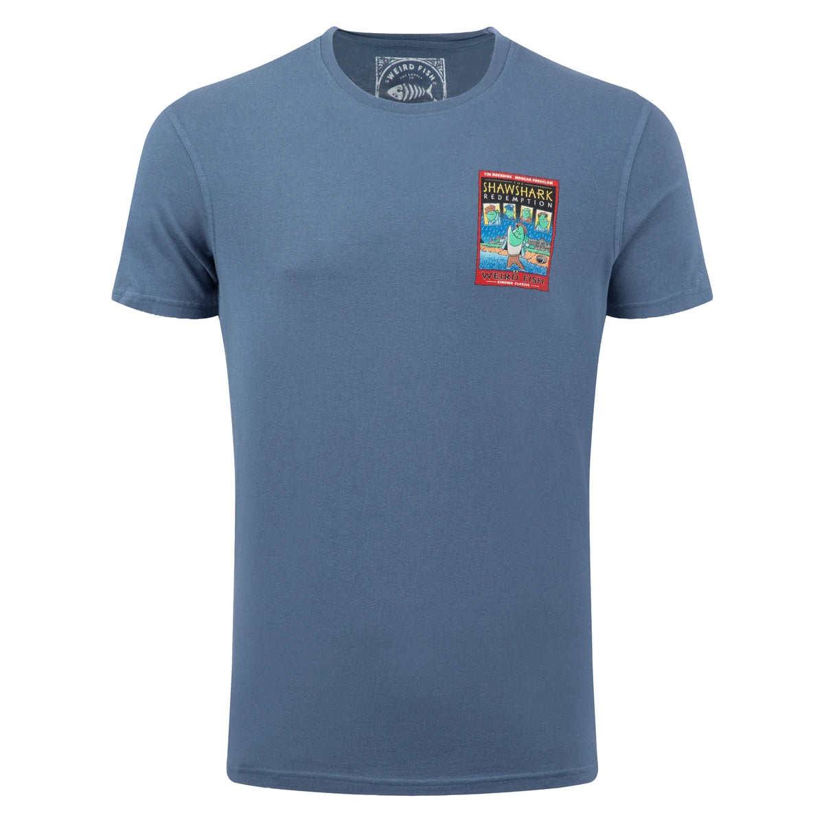 Front view of a Weird Fish men's short sleeve t-shirt in Ensign Blue, featuring a small Shawshark Redemption parody print of The Shawshank Redemption film poster on one side of the chest.