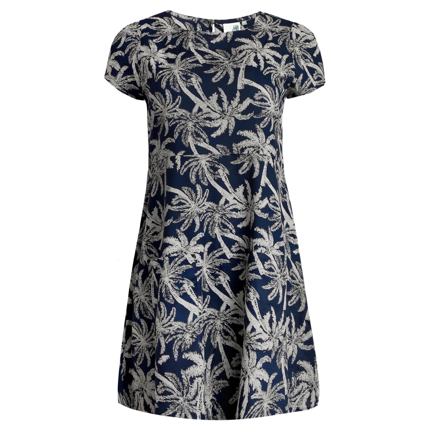 Front view of a womens Weird Fish short sleeve Breeza tunic in Midnight Navy with a beige palm tree pattern.