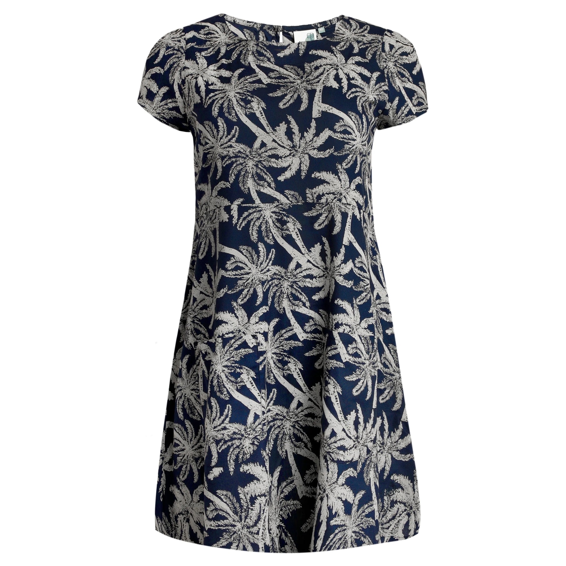 Front view of a womens Weird Fish short sleeve Breeza tunic in Midnight Navy with a beige palm tree pattern.
