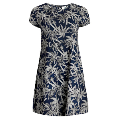 Front view of a womens Weird Fish short sleeve Breeza tunic in Midnight Navy with a beige palm tree pattern.