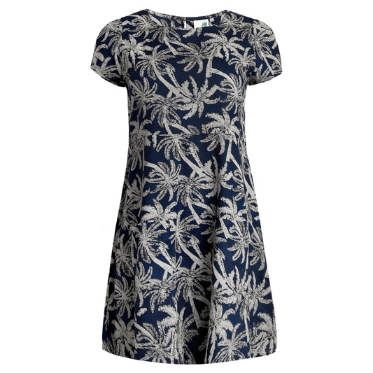 Front view of a womens Weird Fish short sleeve Breeza tunic in Midnight Navy with a beige palm tree pattern.