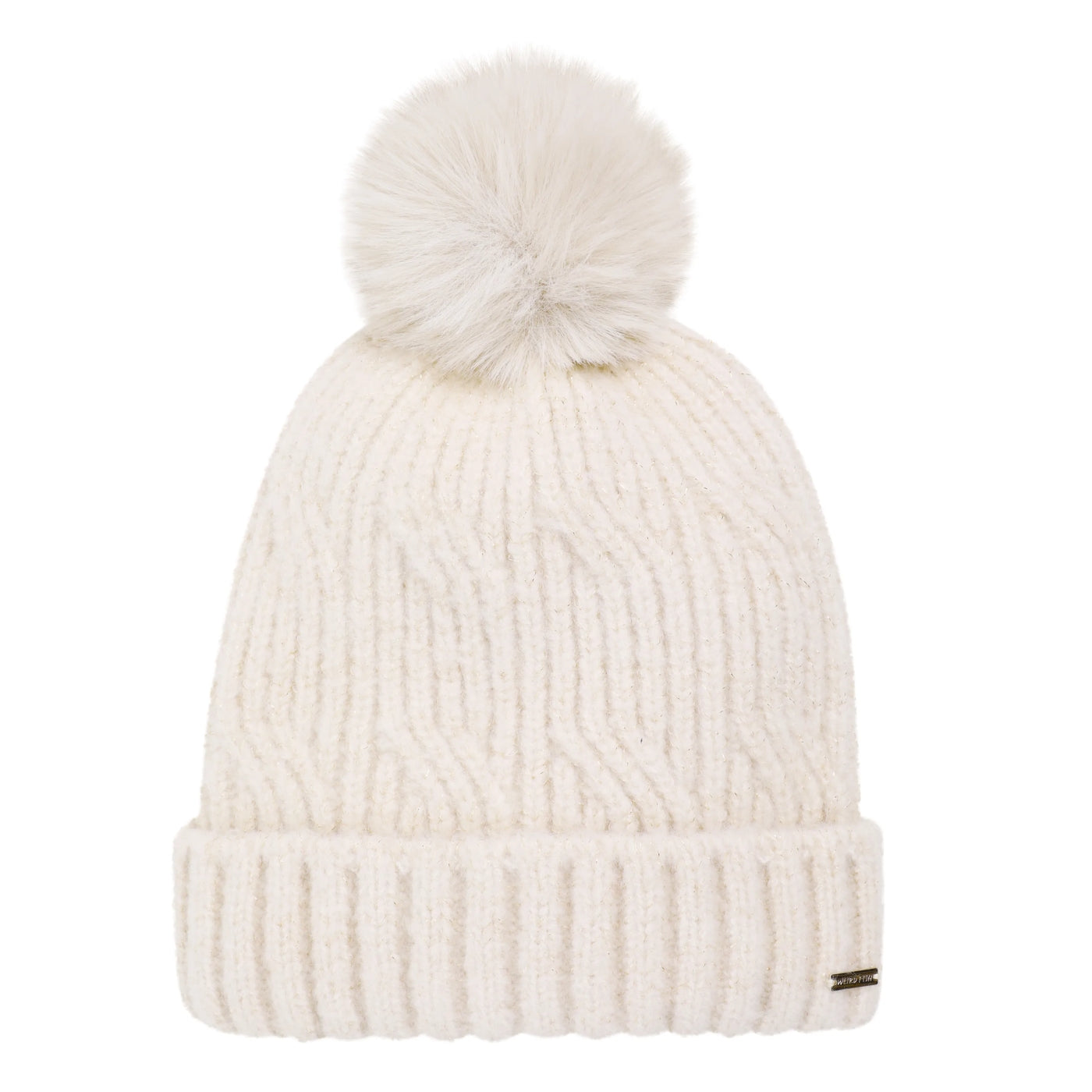 Front view of a Weird Fish Blagdon Chalk white sparkle knit beanie with pom-pom on a white background