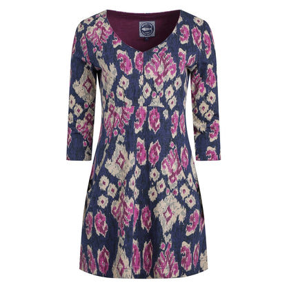 A womens Weird Fish Arielle Petrol Blue tunic with pink-purple abstract pattern and 3/4 sleeves on a white background