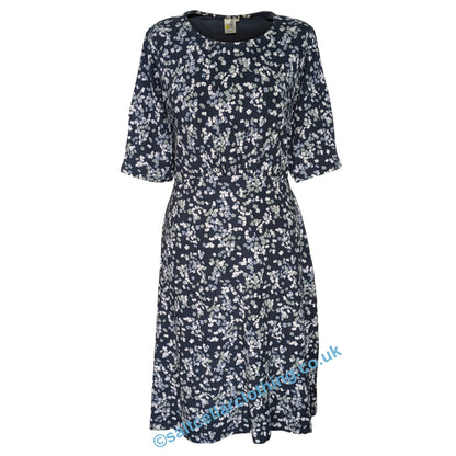 Front view of a womens Weird Fish Cassandra navy ditsy floral dress on a white background