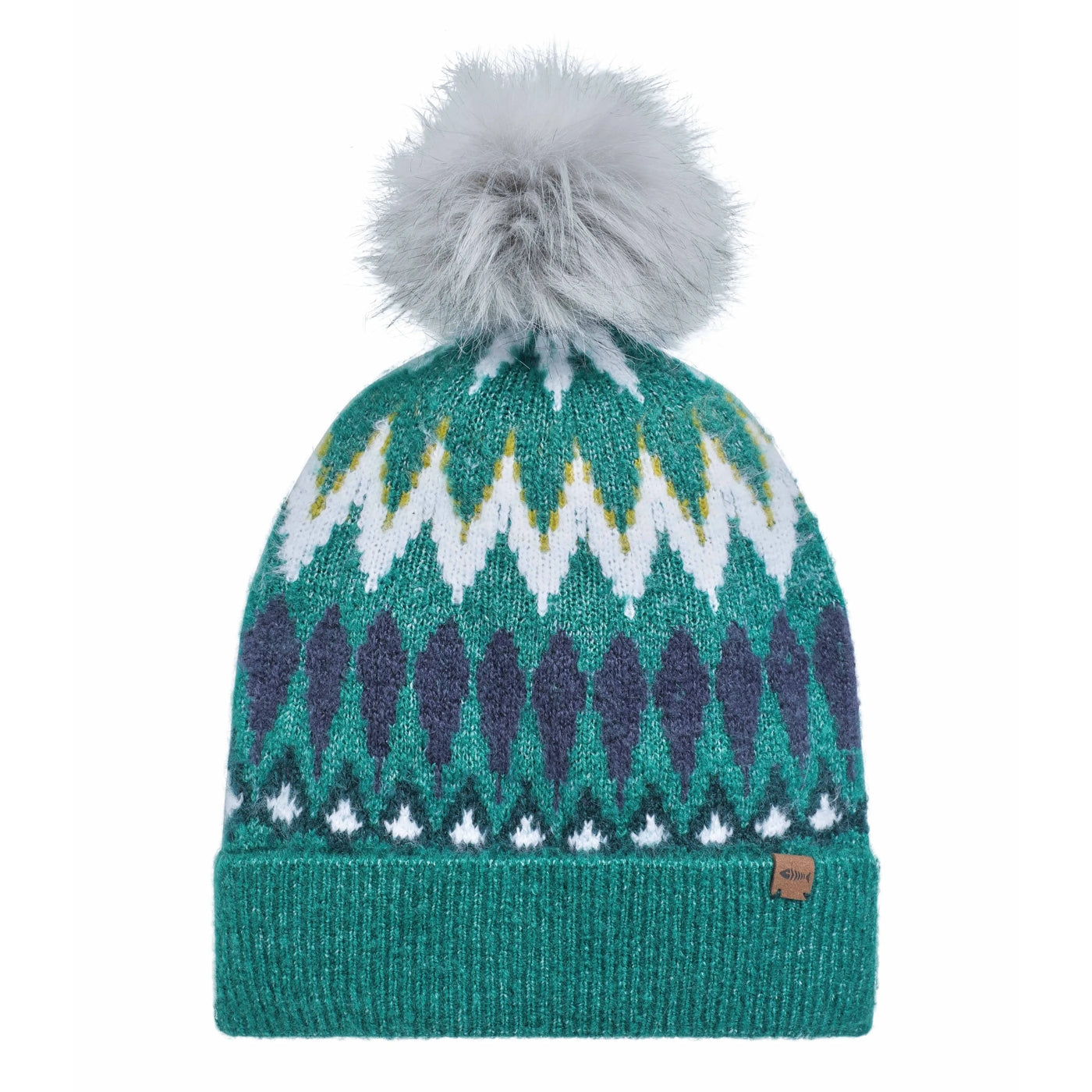 Front view of a Weird Fish knitted Frady bobble hat with a Fair Isle pattern and faux fur pom-pom on a white background