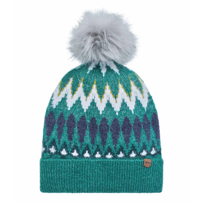 Front view of a Weird Fish knitted Frady bobble hat with a Fair Isle pattern and faux fur pom-pom on a white background