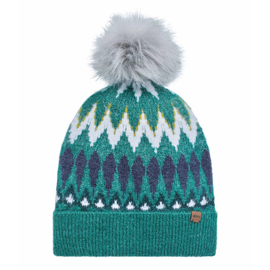 Front view of a Weird Fish knitted Frady bobble hat with a Fair Isle pattern and faux fur pom-pom on a white background