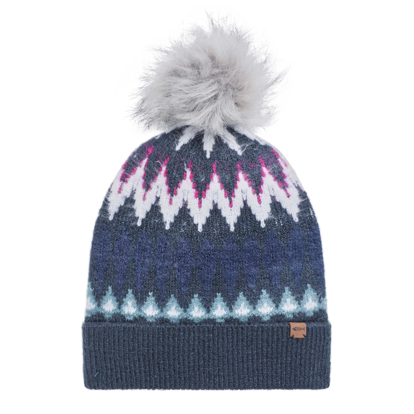 Front view of a Weird Fish Frady Navy knitted beanie with a Fair Isle pattern and faux fur pom-pom on a white background