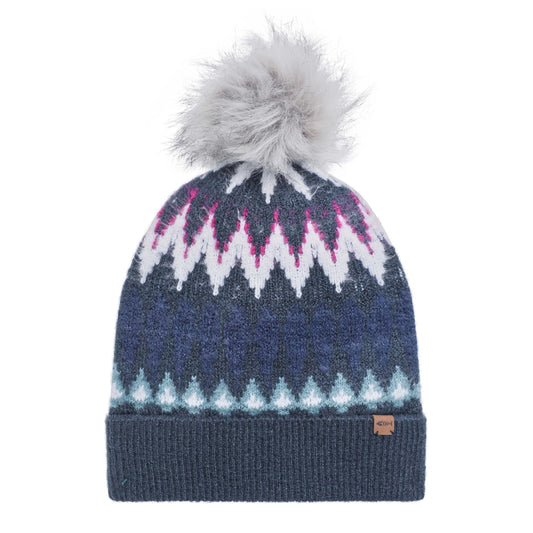 Front view of a Weird Fish Frady Navy knitted beanie with a Fair Isle pattern and faux fur pom-pom on a white background