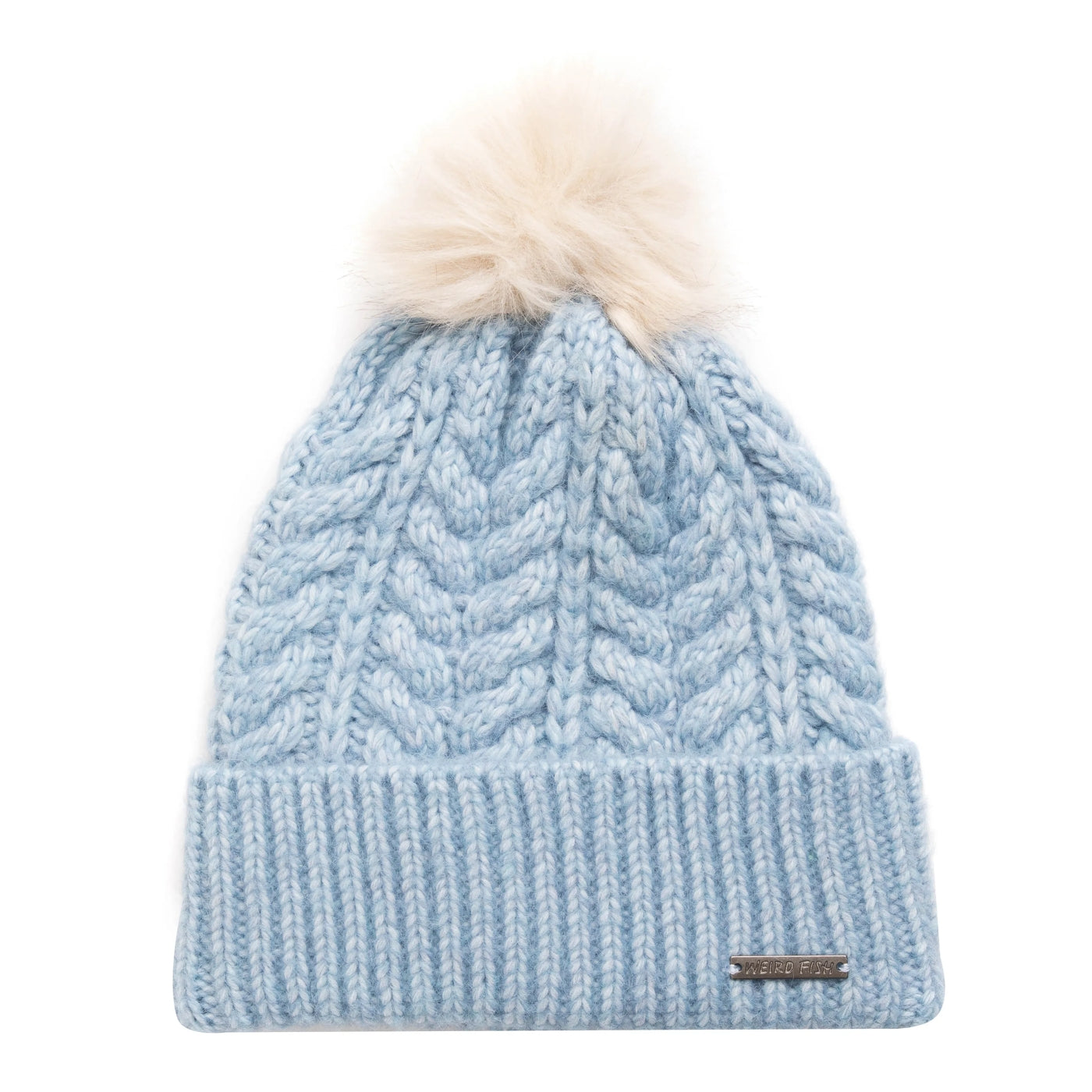 Womens Lake Blue cable knit Weird Fish Allerton beanie with a faux fur pom-pom on a white background