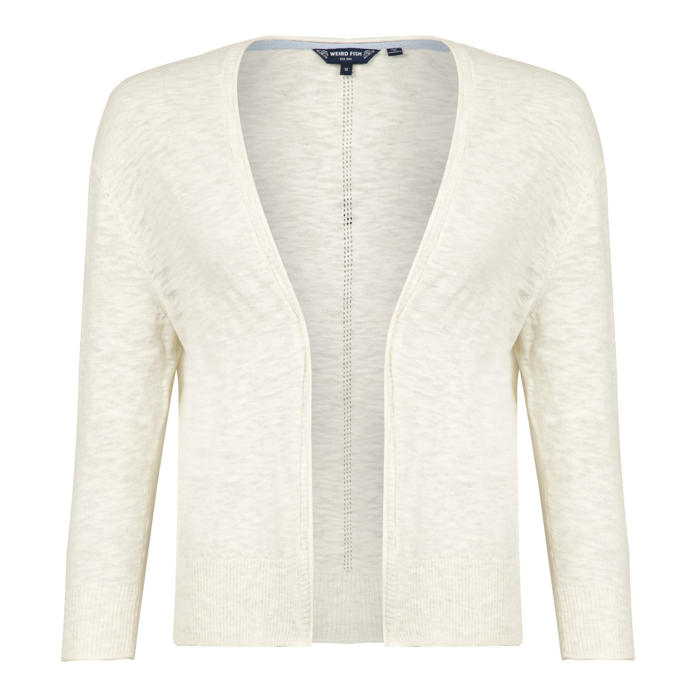 Front view of a women's Weird Fish Limon 3/4 sleeve shrug cardigan in Light Cream