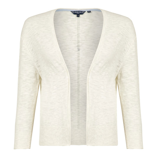 Front view of a women's Weird Fish Limon 3/4 sleeve shrug cardigan in Light Cream