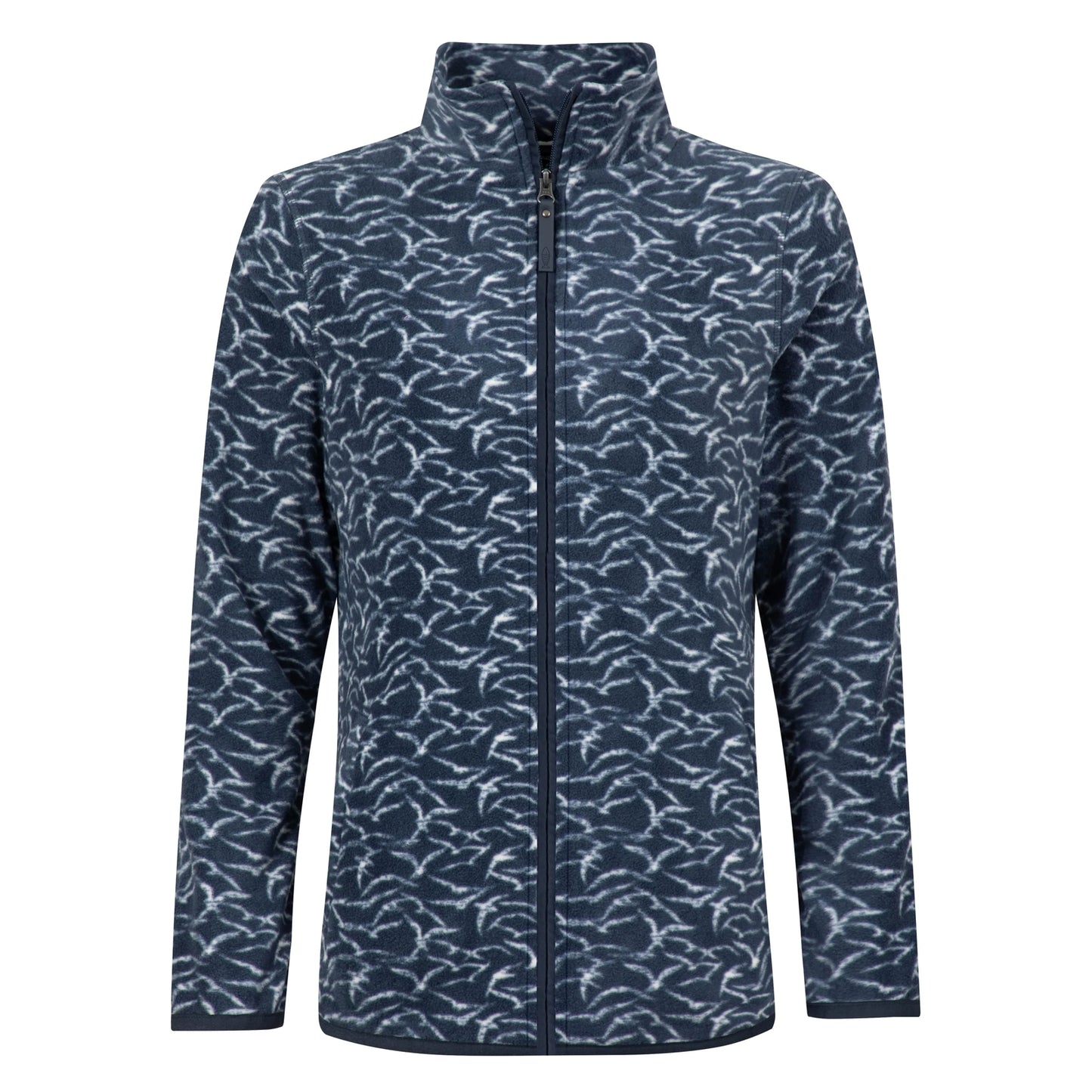 Front view of a Weird Fish womens full zip Rochelle microfleece in Night Blue with a gull bird print.