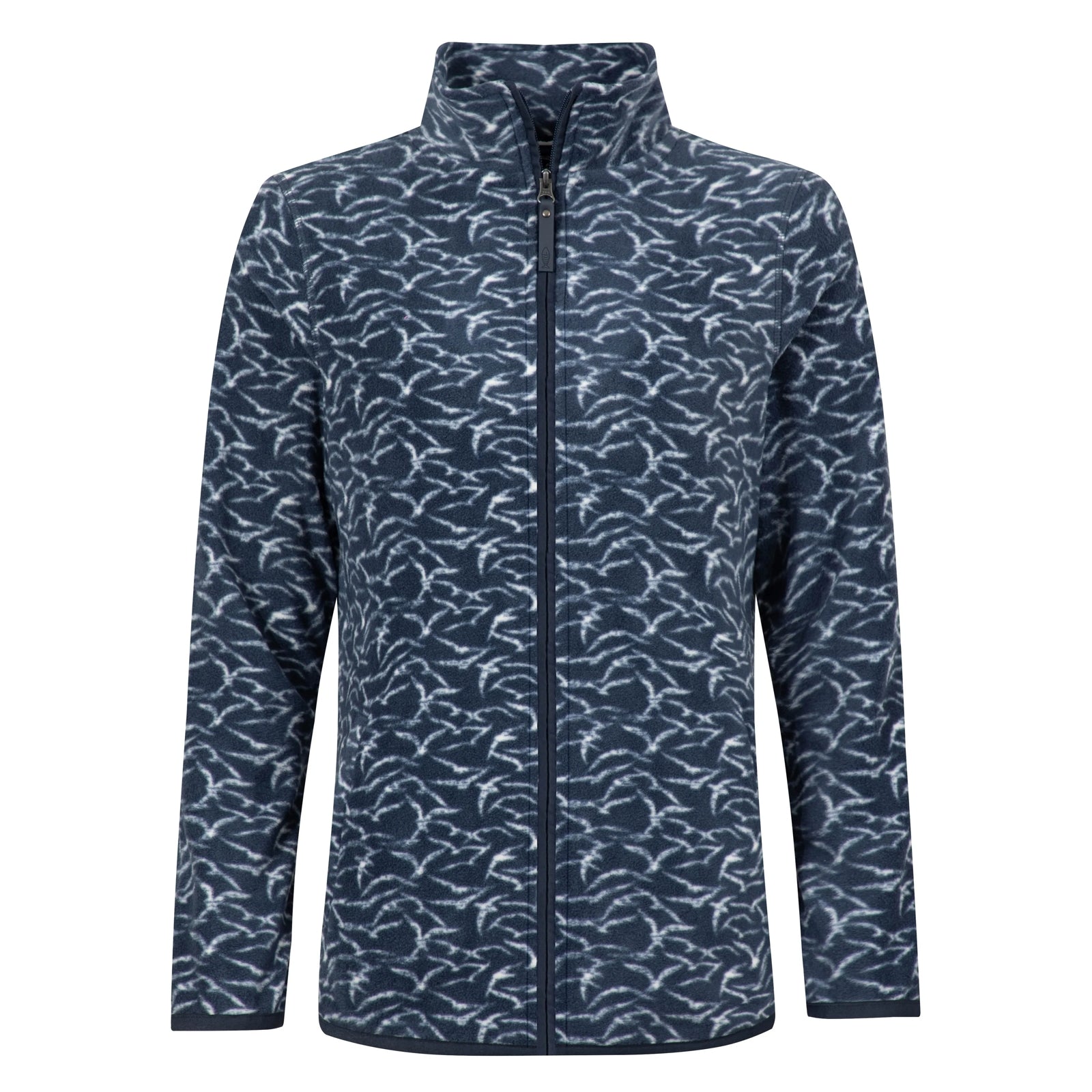 Front view of a Weird Fish womens full zip Rochelle microfleece in Night Blue with a gull bird print.