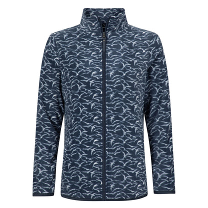 Front view of a Weird Fish womens full zip Rochelle microfleece in Night Blue with a gull bird print.