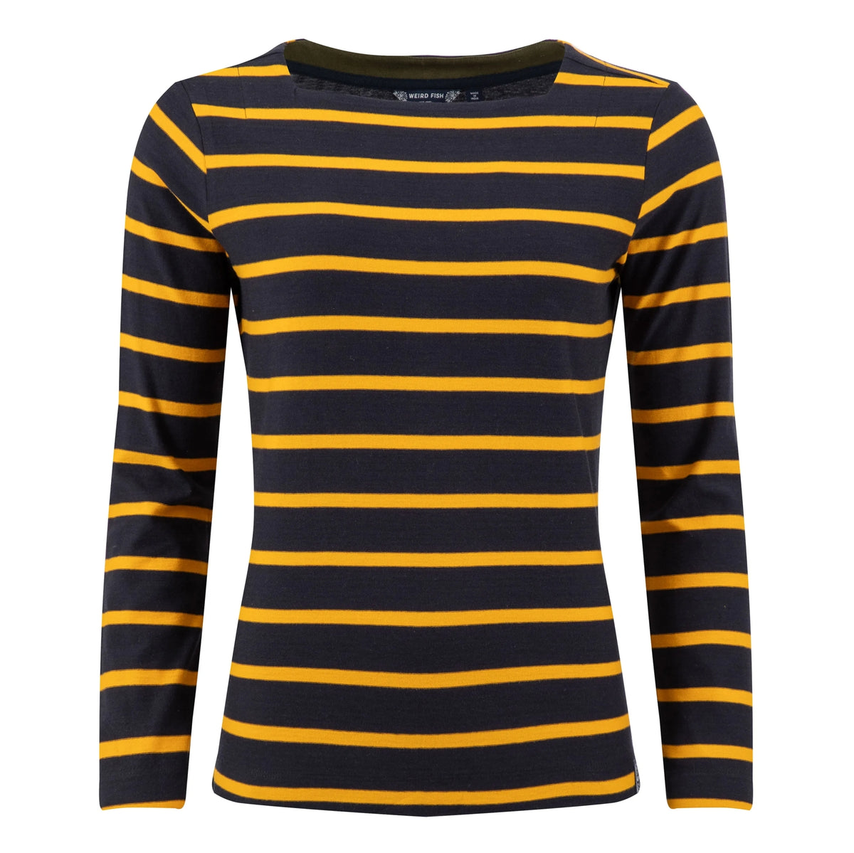 Main front view of a womens Weird Fish Saffira 3/4 length sleeve top with square neckline in Midnight Navy with Gold Yellow stripes.